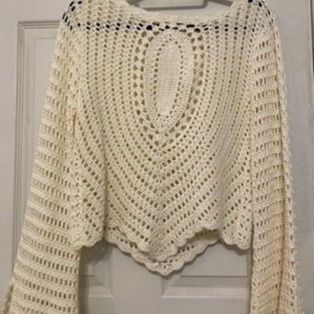 Cropped Crochet Bell-Sleeve Sweater